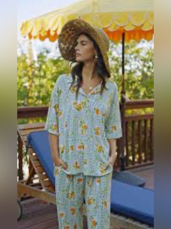 Dear Scarlett Pants - Dear Scarlett Women's Orange Fruit Print Relaxed Pantsuit